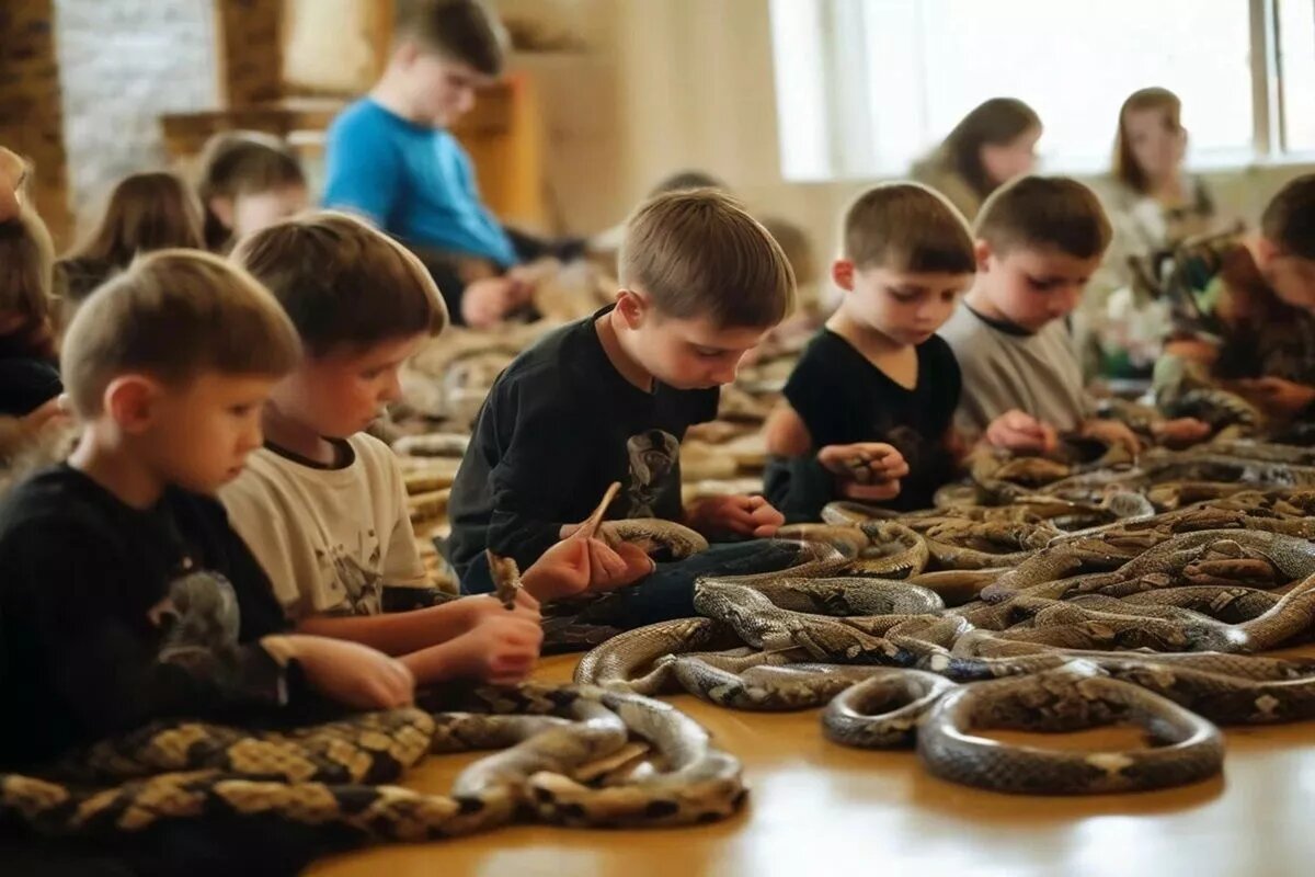 Когда уже, как в Индии, школьников будут учить безопасно общаться с краснокнижными змеями?
Фото: Нейросеть shedevrum.ai