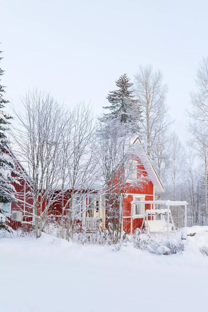 Так выглядит дом, где живут супруги. Красный фасад очень ярко смотрится на фоне белоснежной природы!