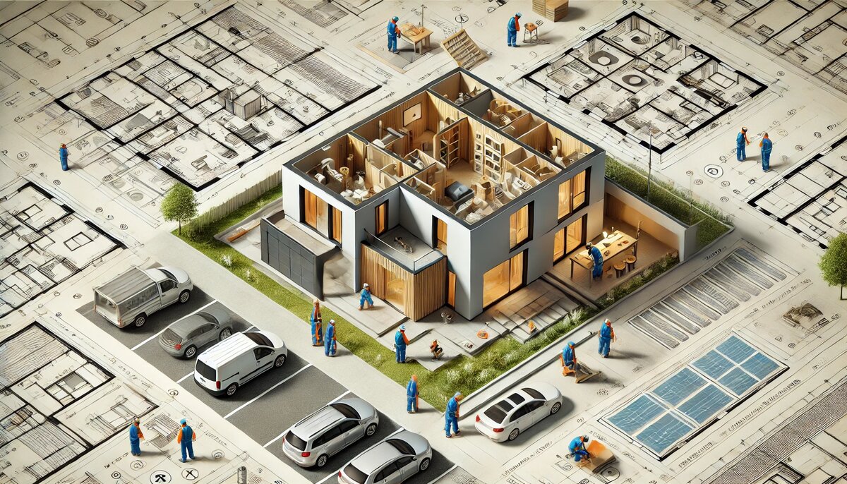 процесс строительства дома с хорошо спланированной планировкой. Оно включает различные этапы: от проектирования до установки окон и организации парковки