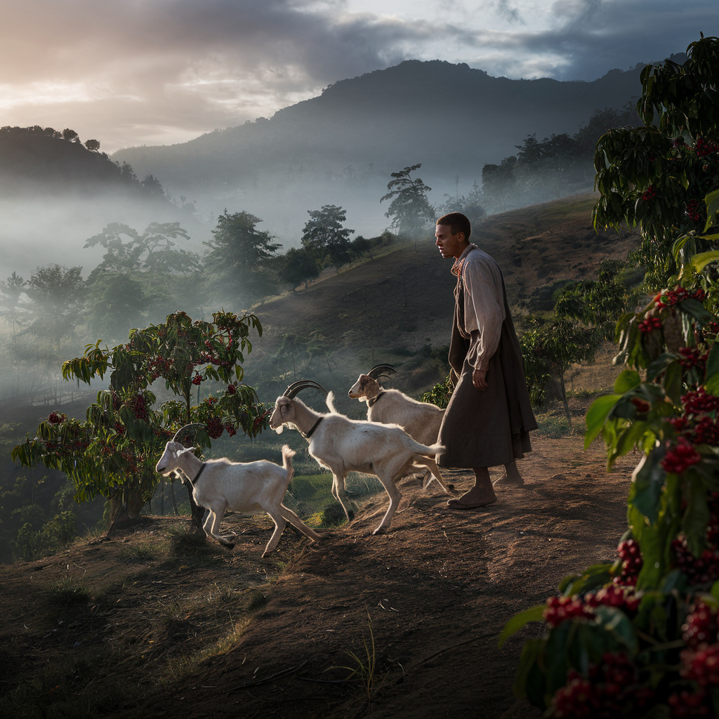 Эфиопский пастух Калди и его козы, объевшиеся кофе