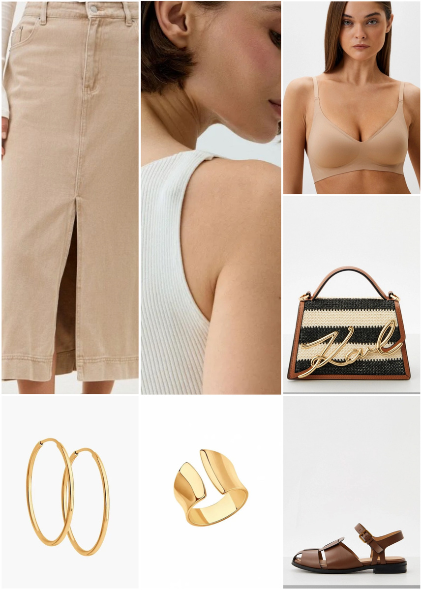 Бежевая джинсовая юбка длиной миди — хороший вариант для тех, кто короткое уже не носит, но при этом джинсы надоели, а легкие юбочки из вискозы и шифона не всегда нравятся или просто не вызывают желания носить. Голубых джинсовых юбок на улицах много, а вот бежевые носят реже, что не совсем верно, так как бежевый деним с загорелой кожей и шоколадными аксессуарами всегда смотрится дорого и гармонично. 