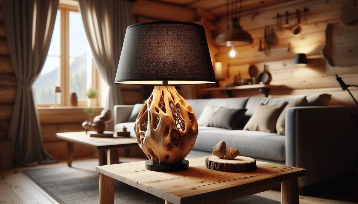 Красивый деревянный светильник с абажуром в деревенском интерьере