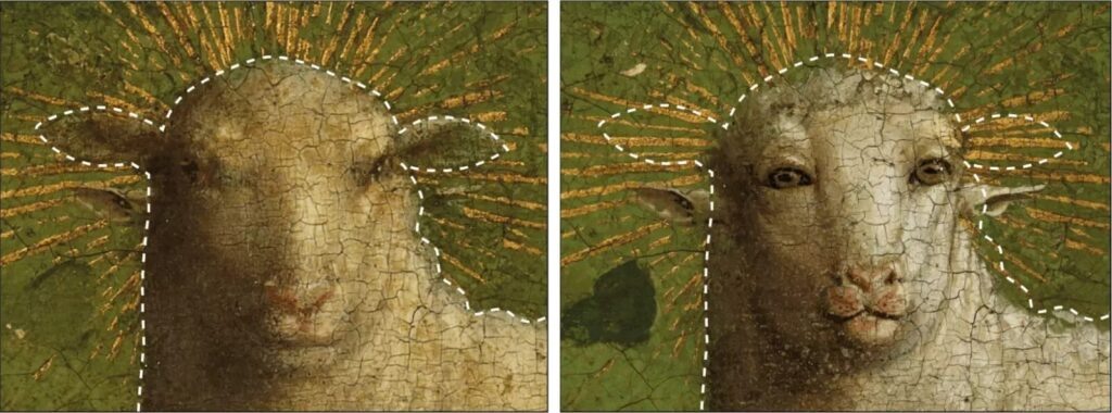 Фрагмент алтаря. Слева — ягненок после реставрации 1950-х годов, справа — ягненок после реставрации 2019 года © KIK-IRPA