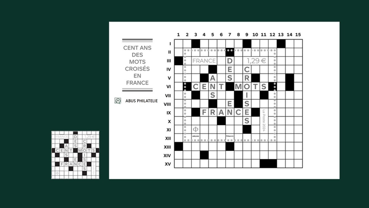 почтовый блок и марка Республики Франция 2024 года под названием «Сто лет разгадывания кроссвордов во Франции»
