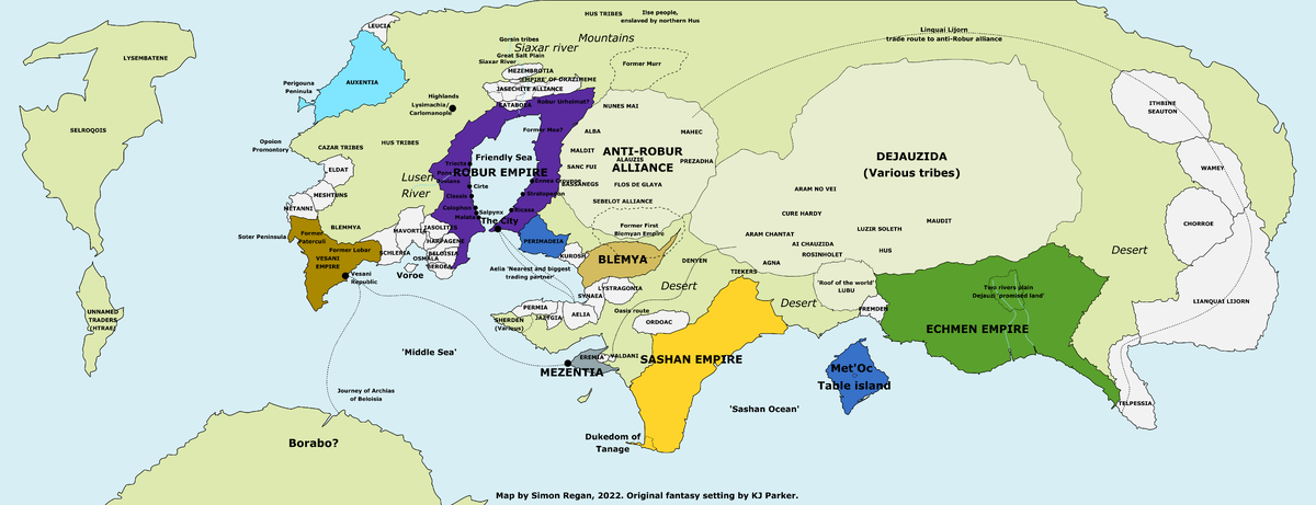 Неофициальная скорее схема, чем карта, мира, в котором проходит действие "Осады", а также ещё пары трилогий Холта. 
