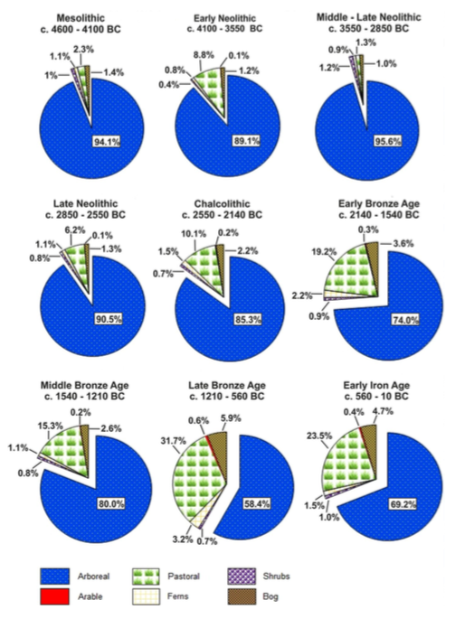 Доля видов отдельных экологических групп в общем количестве пыльцы растений в донных осадках озера Инишикуин. Синий цвет - лесные, красные - культурные растения и полевые сорняки, трава -пастбищные, светло-салатная клетка - папоротники (индикатор свежих палов), фиолетовый в крапинку - кустарники, коричневый - болотные растения.