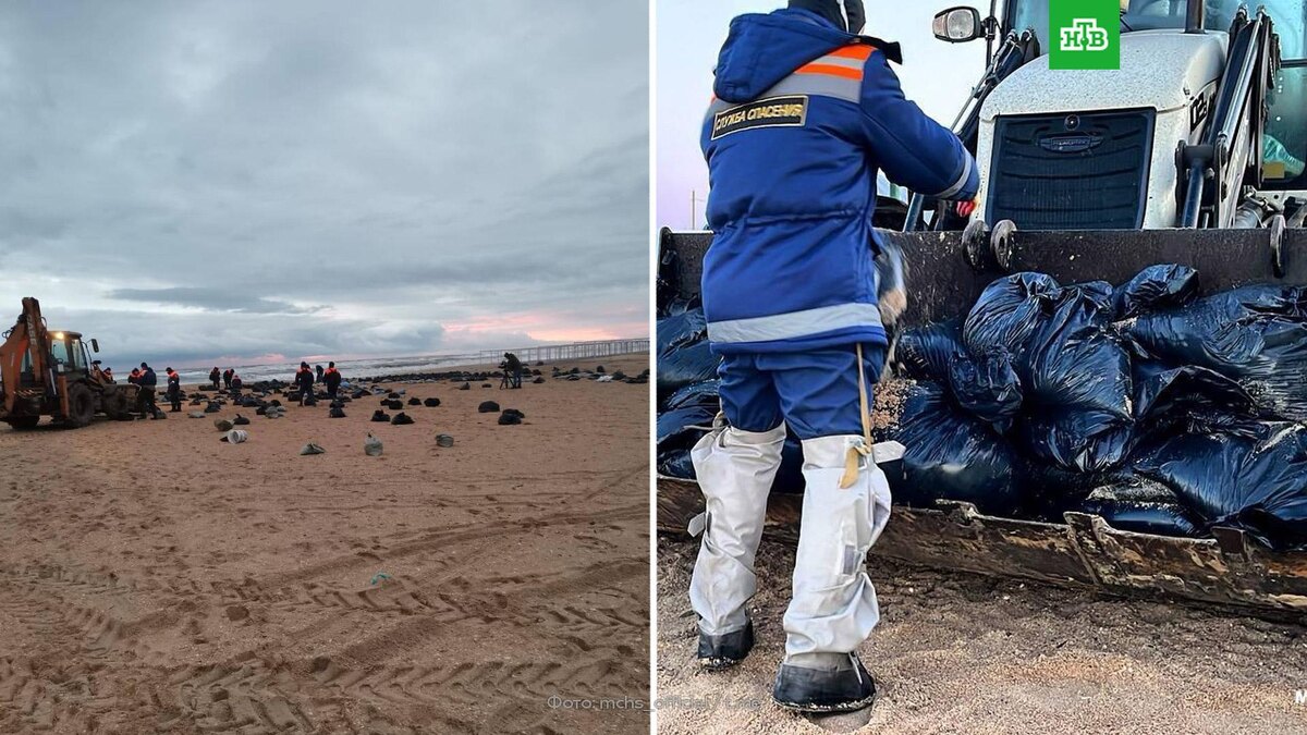    Около 100 тонн мазута собрали на побережье Кубани после ЧП с танкерами