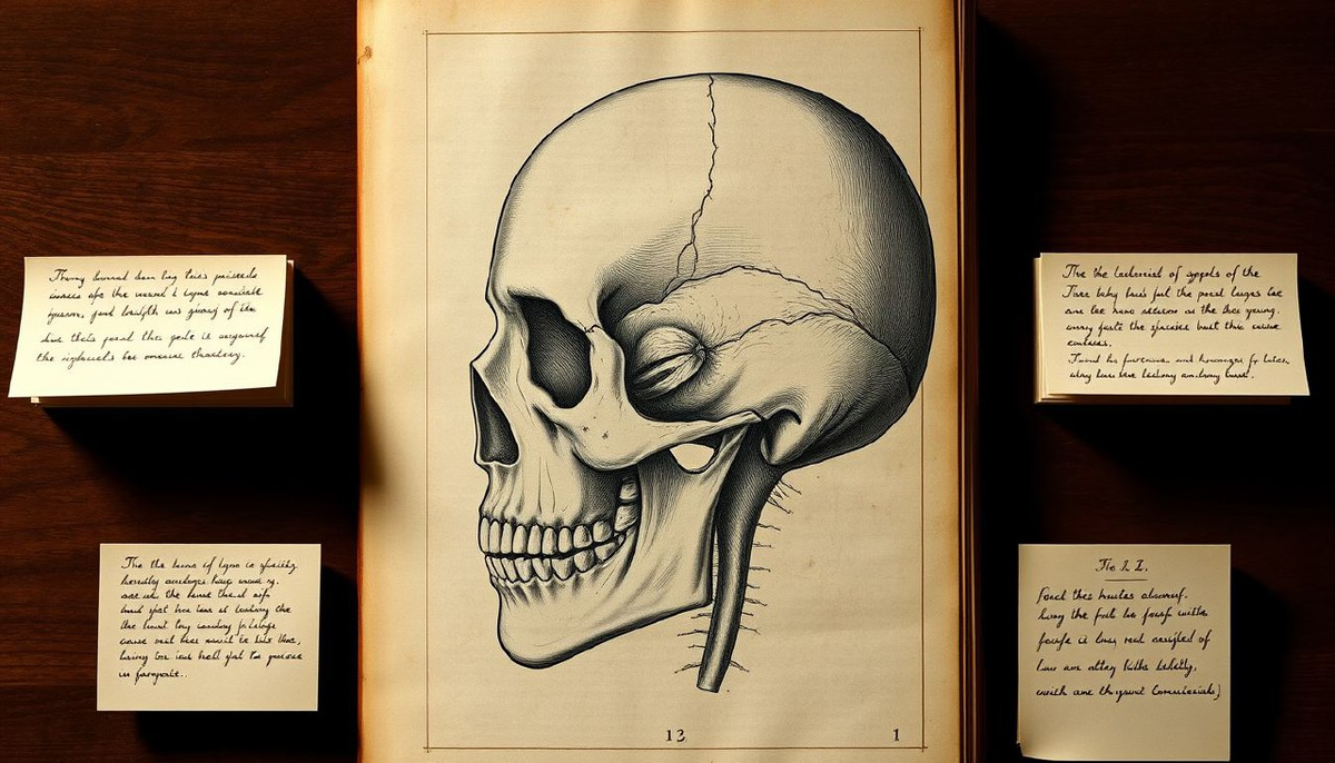 Записи да Винчи с зеркальным письмом. Детальное изображение черепа человека.