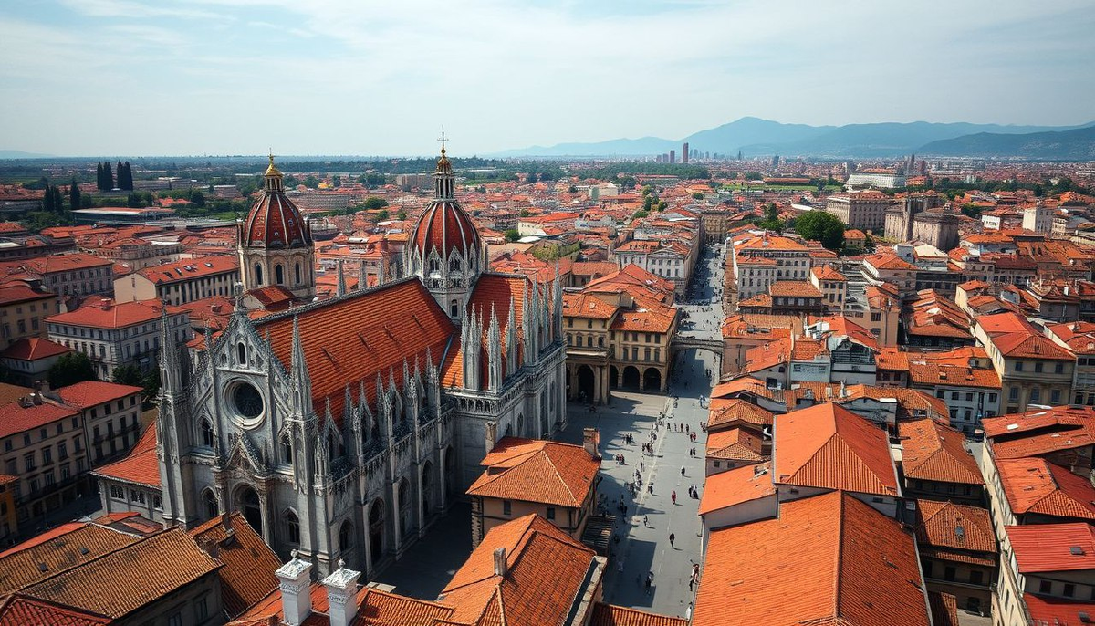 Панорама Милана XV века с высоты птичьего полета: величественный готический собор, красные черепичные крыши, узкие улочки, городские стены. На горизонте - туманные очертания Альп.

