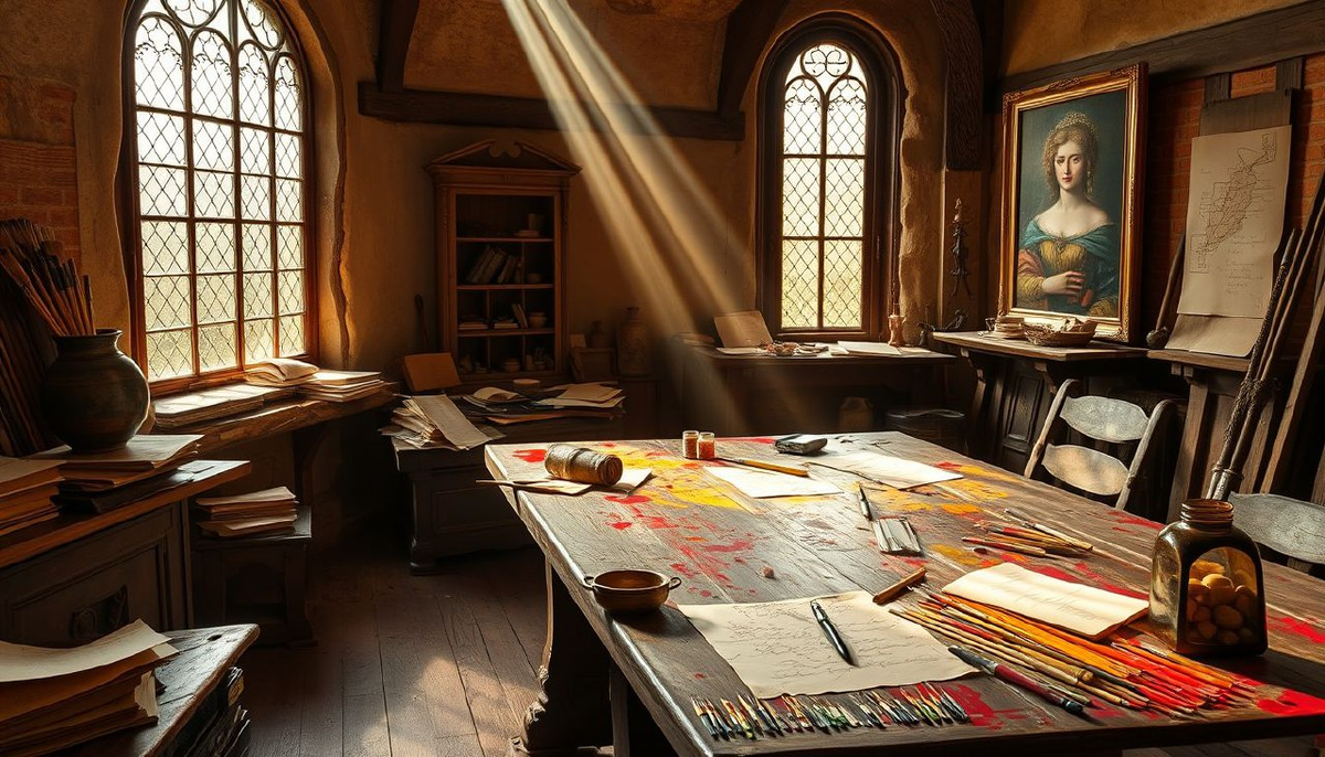 Интерьер старинной художественной мастерской де Винчи.