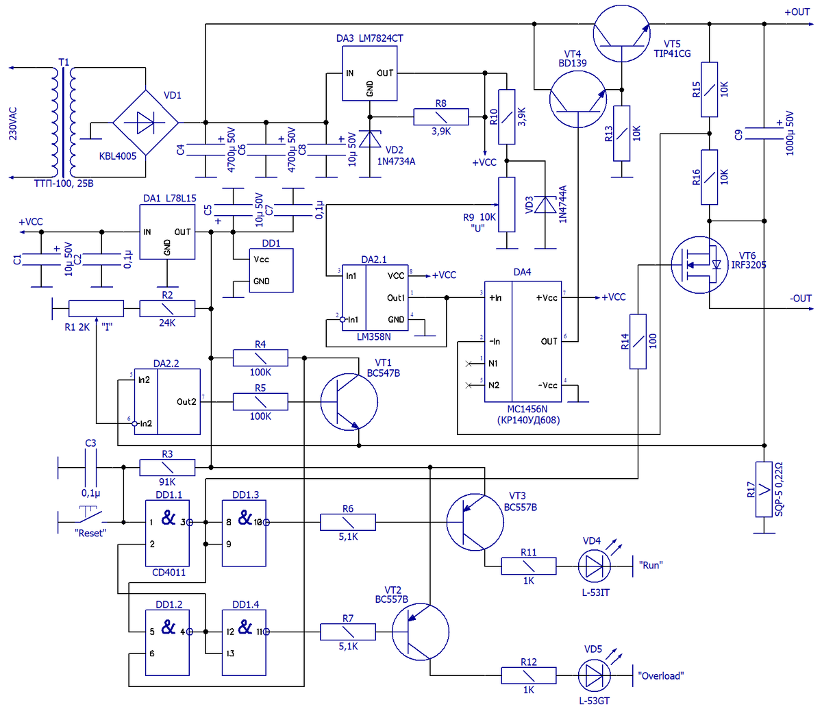 Схема электрическая принципиальная ЛБП 0,6...29 В с триггерной защитой