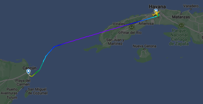 Траектория полёта из Кубы в Мексику (рейс "Гавана — Канкун")