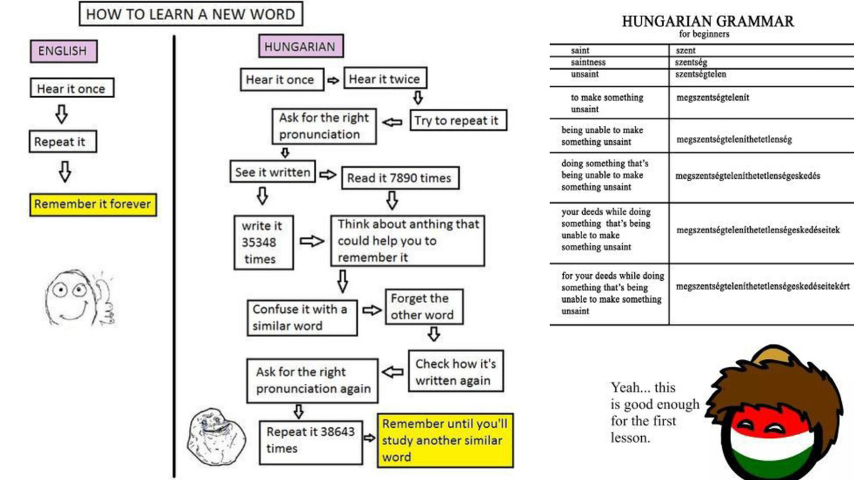Не могу не поделиться этими мемами о превратностях венгерского языка, которые гуляют по интернету 