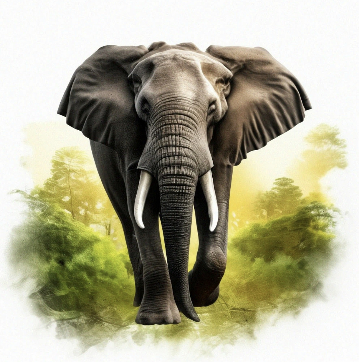 Слон, идущий по зеленым Джунглям