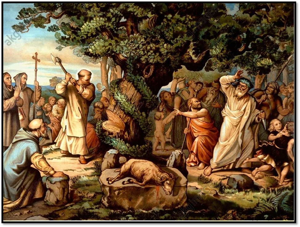 христианский проповедник Винфрид срубает священный дуб друидов