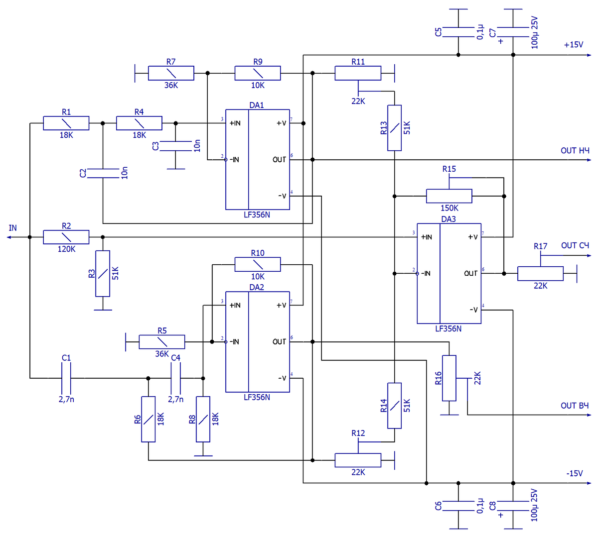 Схема электрическая принципиальная активного разделительного фильтра Бесселя 2-го порядка для 3-х полосных аудио систем