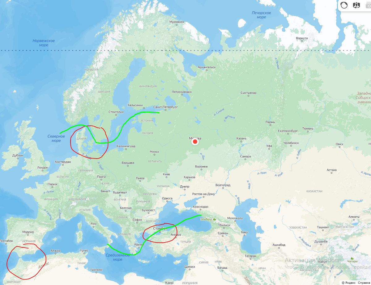 маршруты отмечены зеленым, зоны риска - красным