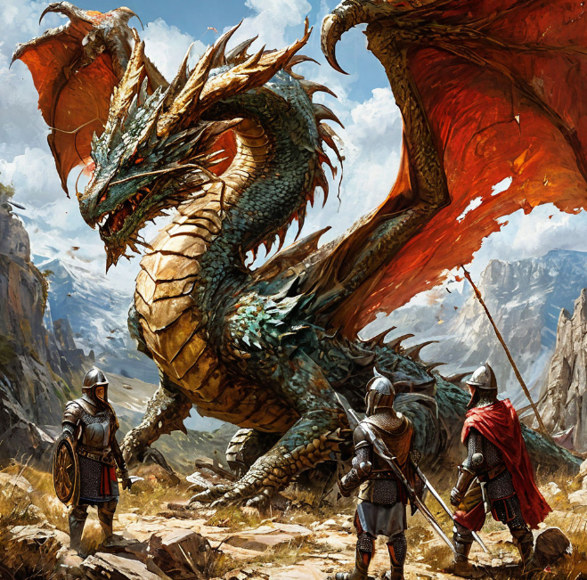 Дракон конфликтов в GIT: дракон, охраняющий сокровища, которые представляют собою измененные файлы, с рыцарями, пытающимися разрешить конфликты.