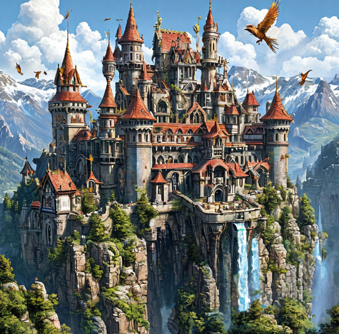 Замок кода: Фэнтезийный замок GIT, построенный из строк кода, окруженный волшебными существами, которые помогают разработчикам управлять версиями.