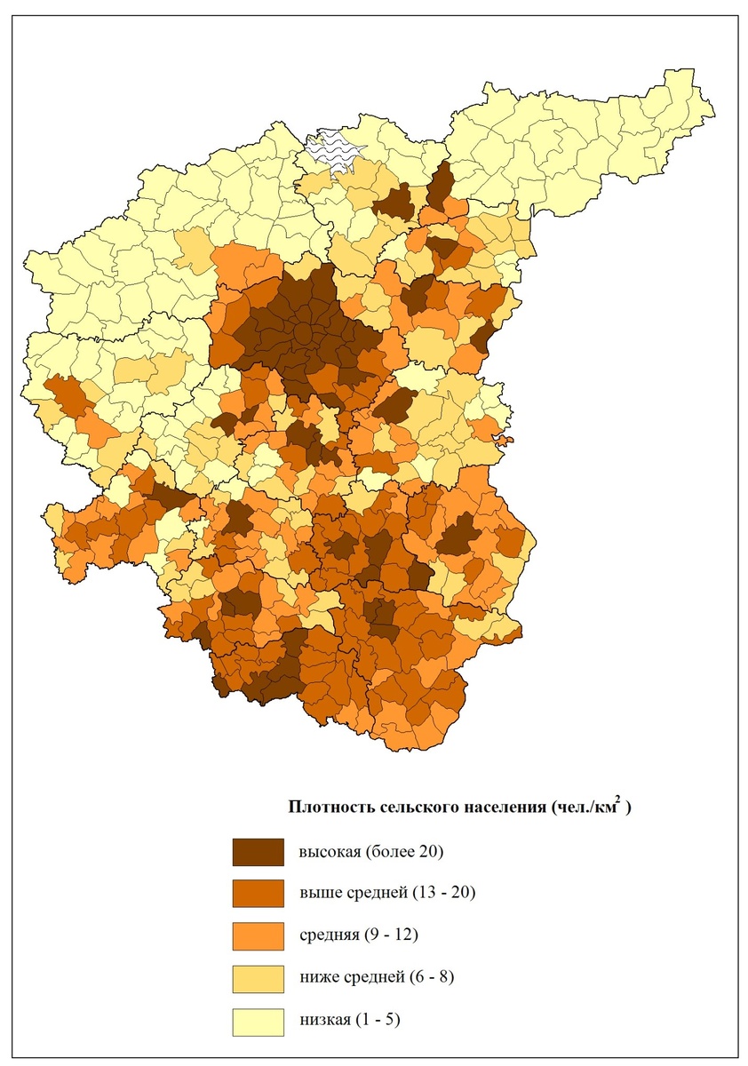Плотность сельского населения регионах ЦФО, по данным ВПН 2010 (составлено авторами) 