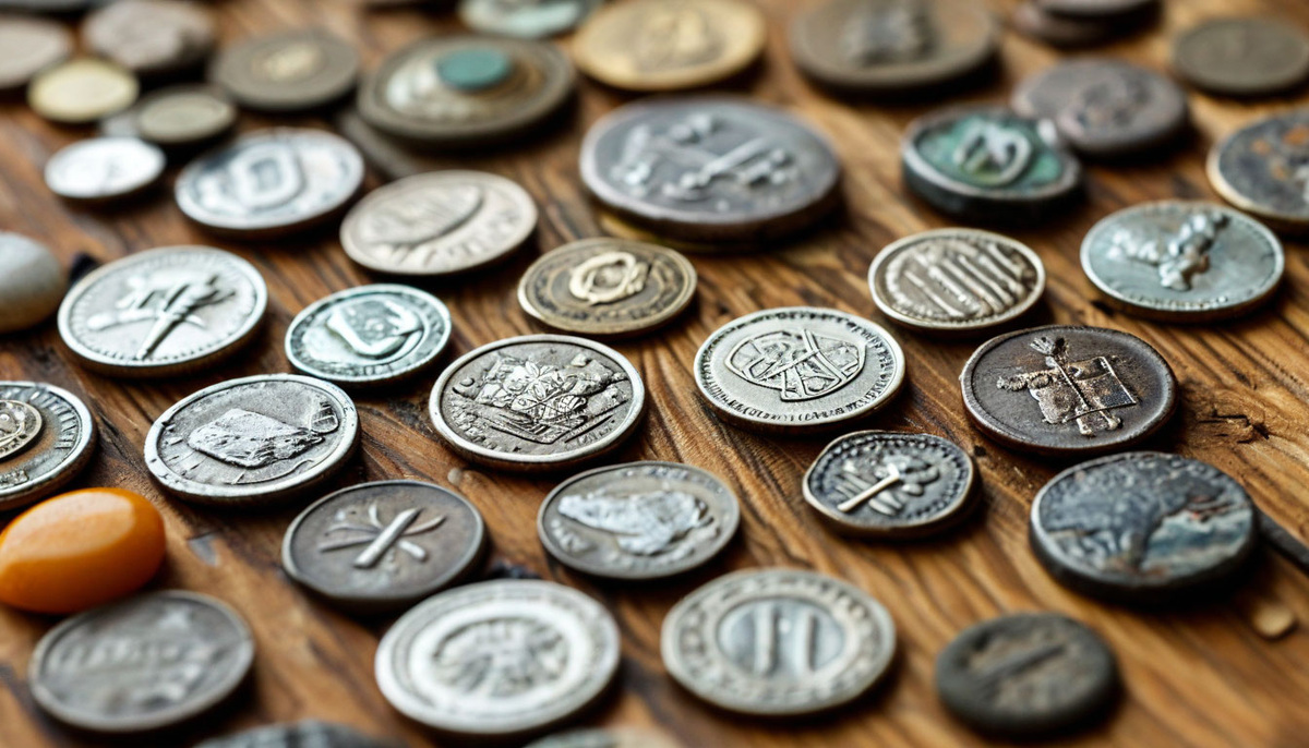 Коллекция мелких предметов на деревянной поверхности — старые монеты, небольшие сувениры или камни из поездок.