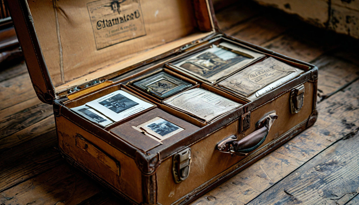 Фото старого винтажного чемодана, открытого на полу, внутри которого лежат старые фотографии, письма и сувениры.