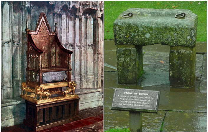 Камень судьбы, он же камень Скона - справа дома, слева под троном короля Великобритании во время коронации 