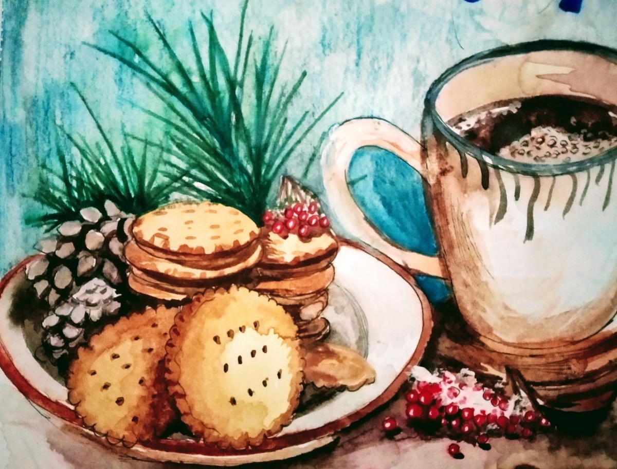 Новогоднее чаепитие - акварельный скетч
