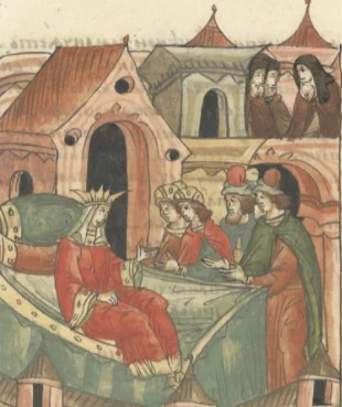 Мария Шварновна наставляет сыновей. Миниатюра из летописи.