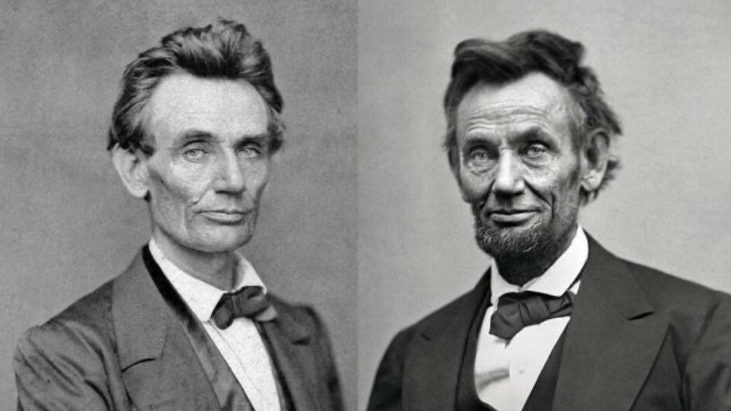 16-й президент США Авраама Линкольна. Слева фото до гражданской войны, а справа — после неё