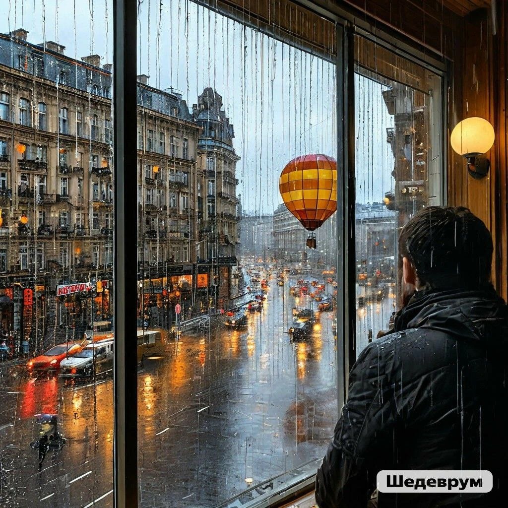 За окном доджливая погода. Шар с "Муссона" иллюзороно превращается в воздушное судно