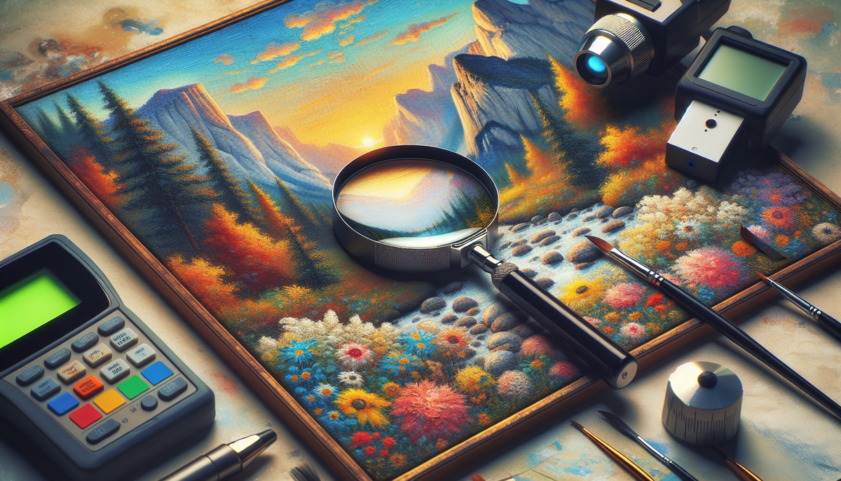 Изображение показывает картину с заметными мазками кисти и рядом инструменты, используемые для проверки подлинности.