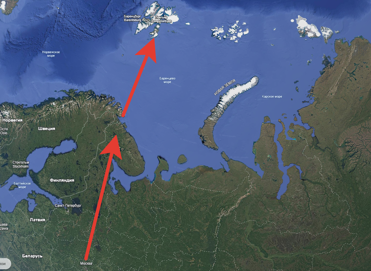Маршрут полета чартерного рейса 2801 Москва - Шпицберген