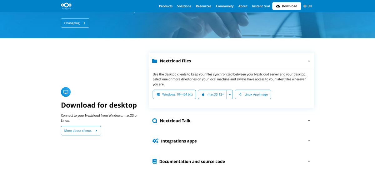 Страница загрузки Nextcloud-клиента