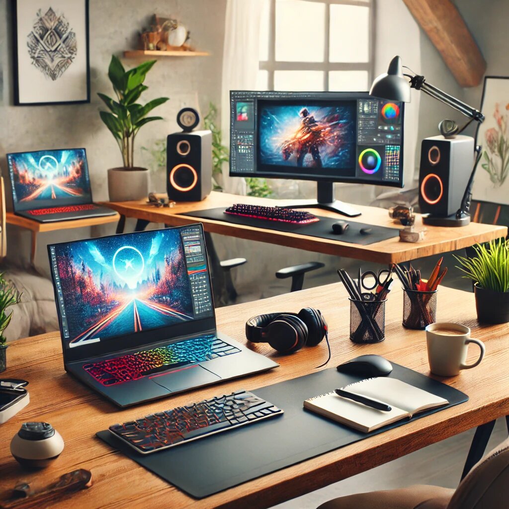  Стильный ноутбук на деревянном столе с чашкой кофе, блокнотом и растениями в уютной и светлой комнате.