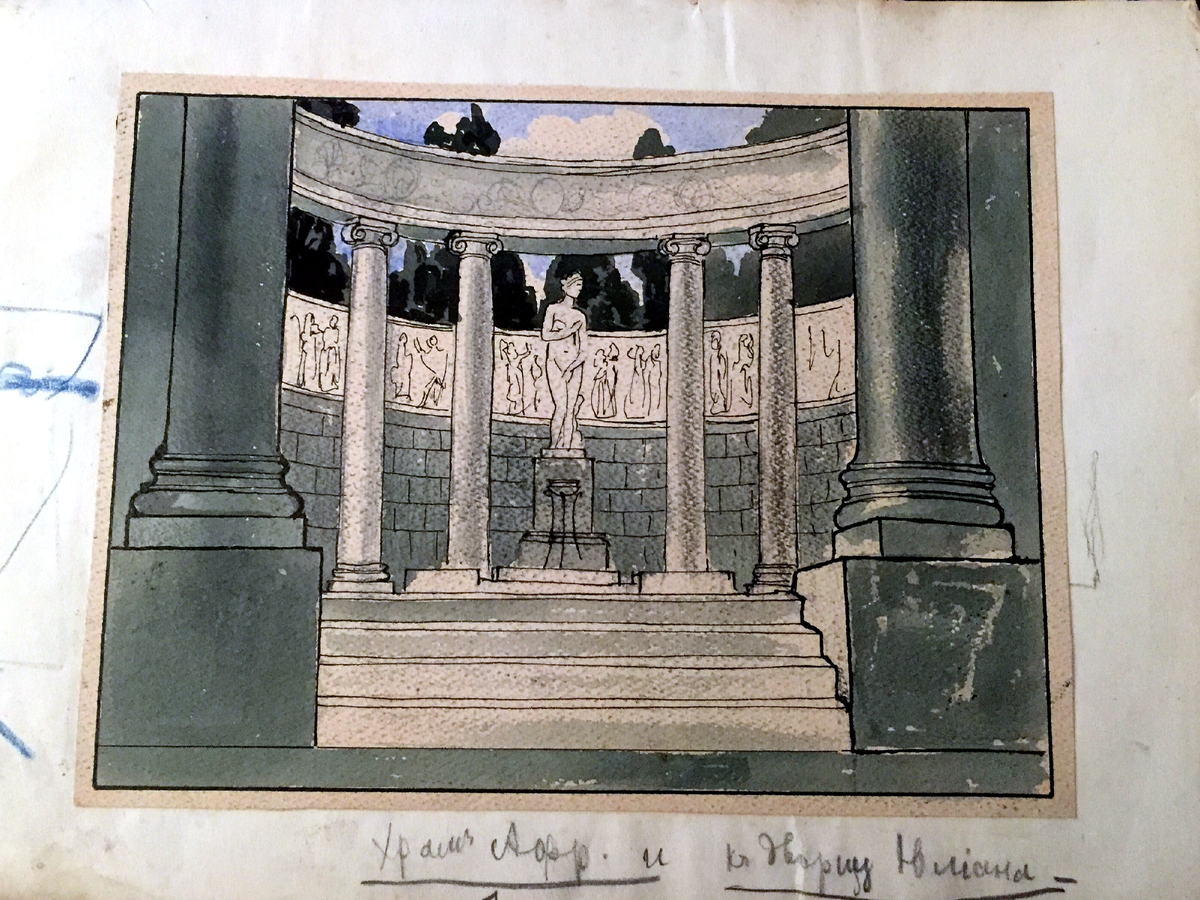Эскизы декораций и раскадровка к "Юлиану Отступнику", храм Афродиты, (листайте карусель)
