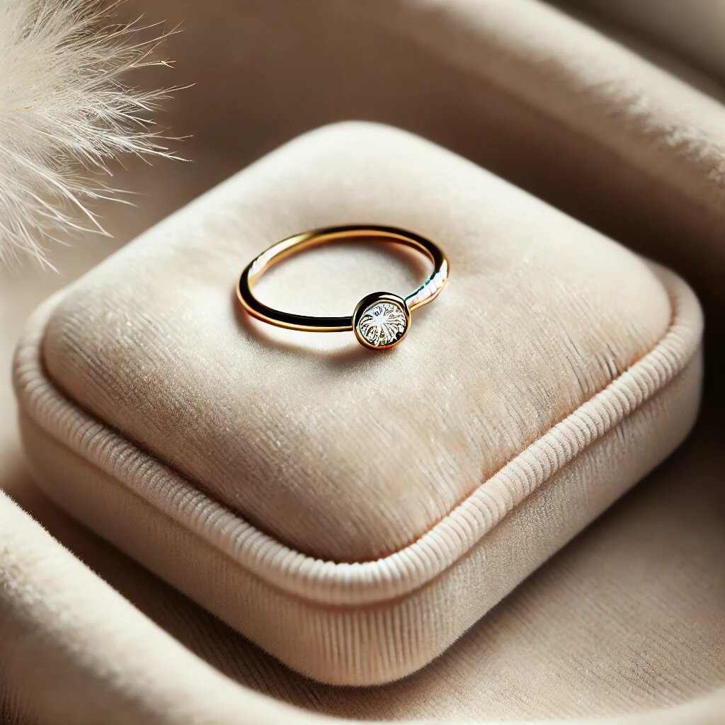 Минималистичное золотое кольцо: Изящное кольцо с небольшим бриллиантом на белой бархатной подушке