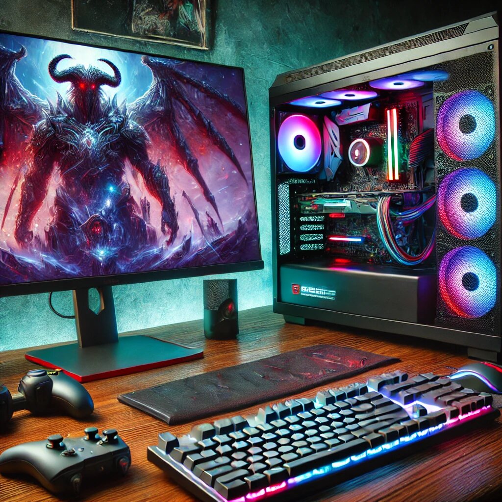 Игровая станция: Мощный б/у игровой компьютер с RGB-подсветкой, монитор, отображающий динамичную игровую сцену