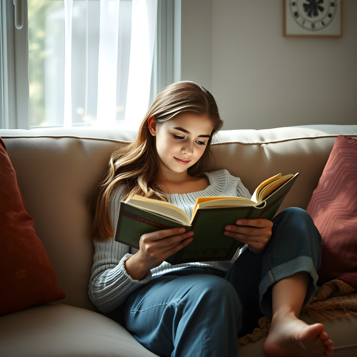 Та же девушка, но теперь она читает с двух рук. По-македонски. Тоже ИИ рисовал