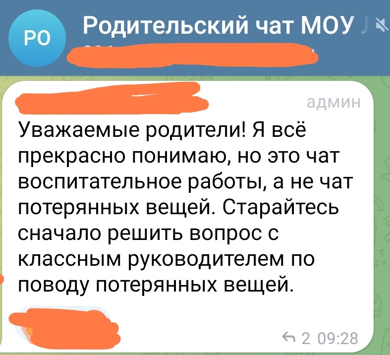 Скриншот из общешкольного родительского чата