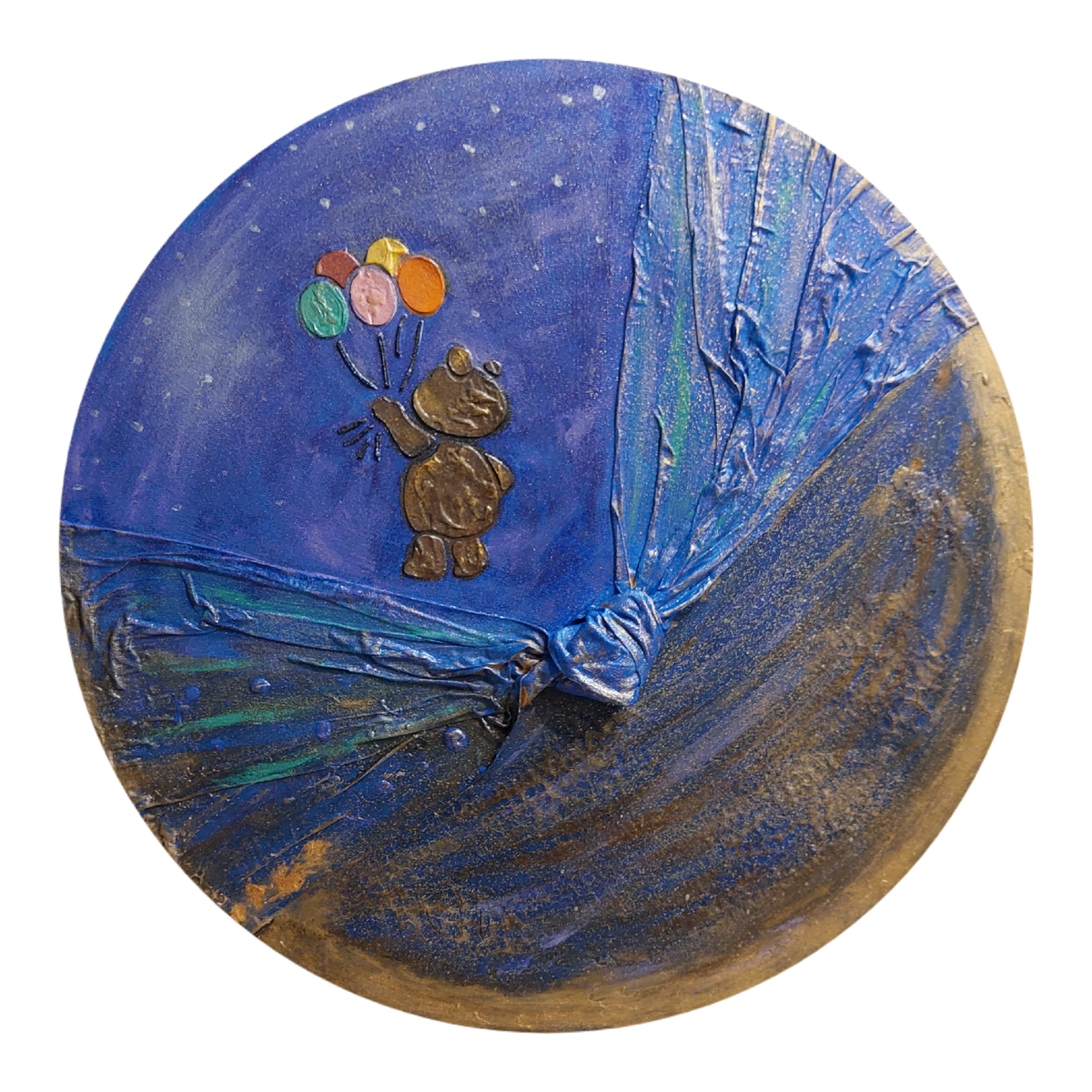 Работа автора "Звездная пыль" 2024 г., холст на подрамнике д. 50, фактурная паста, ткань, акрил, лак.