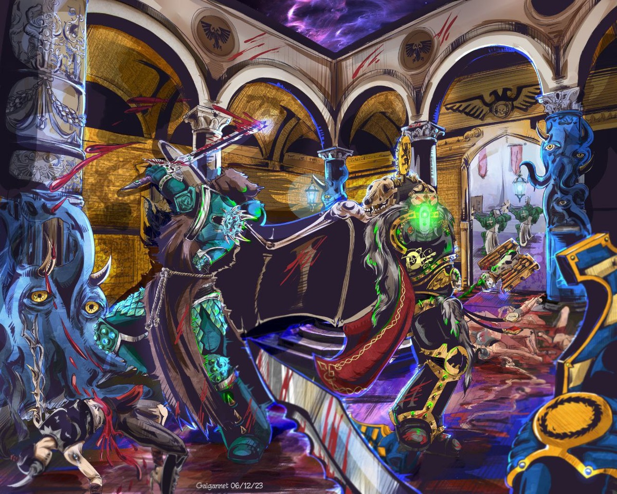 Арт по мотивам рассказа Клинта Ли Вернера "Запах предателя" by Galgannet Сатар вместе с капелланом космо волков бьются против Тысячи сынов