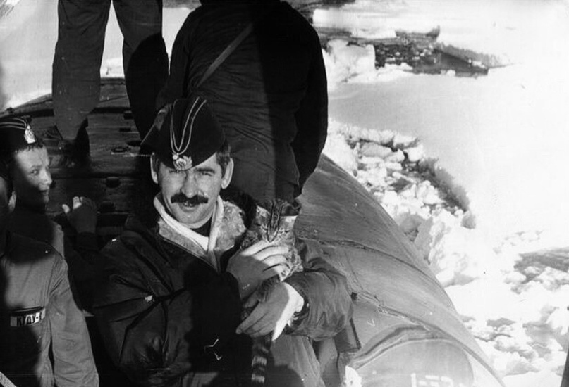 Командир К-424 В. В. Поникаровский и его знаменитый кот Клапан на всплытии в приполюсном районе. Из свободного источника. 