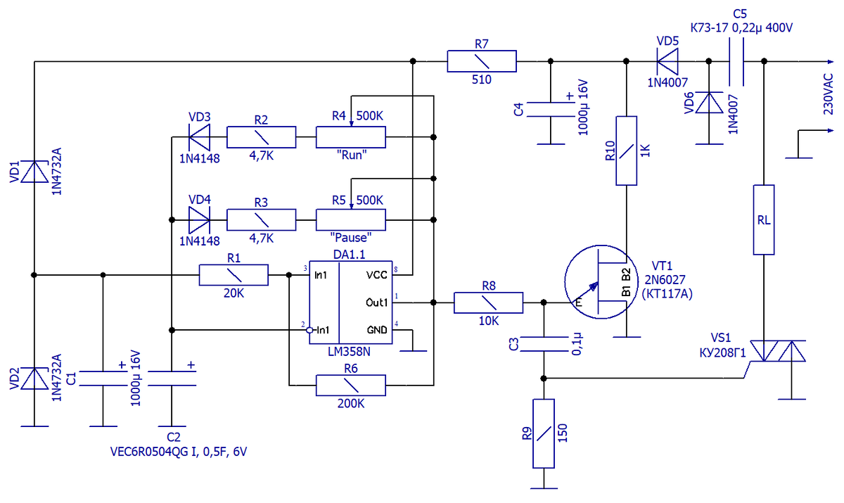 Схема электрическая принципиальная таймера периодического включения с раздельной регулировкой паузы и работы
