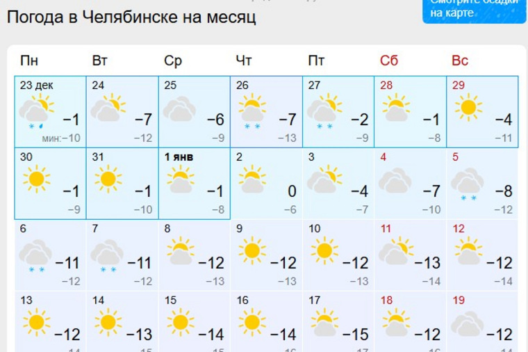 Погода на новогодние каникулы в Челябинске
Скрин с сайта «Гисметео»