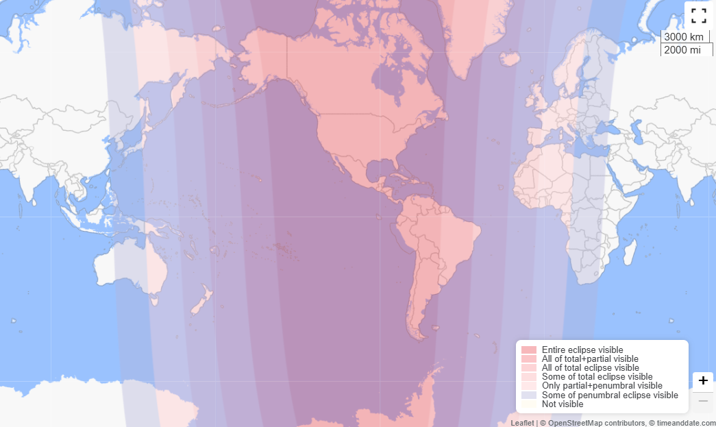 Карта полного луннего затмения 14 марта 2025. Источник: сайт timeanddate.com