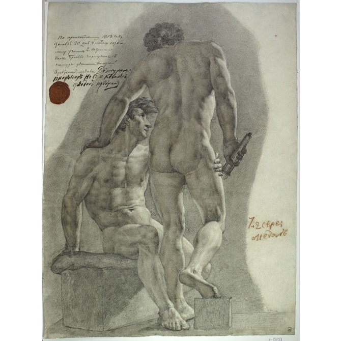 Карл Брюллов. Два натурщика. 1813. Итальянский карандаш, сангина. 60.1 х 45.3. Государственный Русский музей