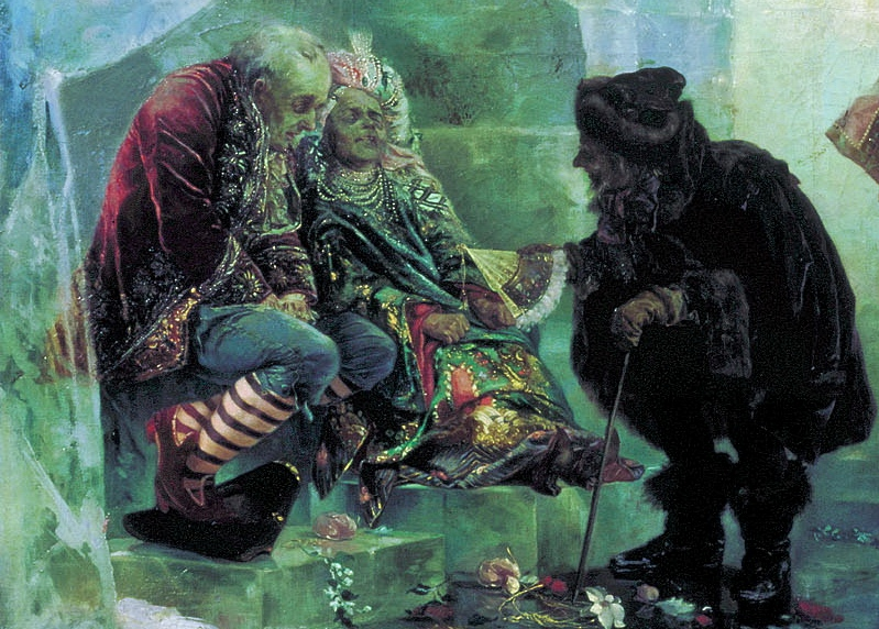 Фрагмент картины Валерия Якоби "Ледяной дом". Князь и шут Василий Михайлович Голицын (подавал гостям квас, прозвали "Квасник".) и шутиха-калмычка Авдотья Ивановна Буженинова.)