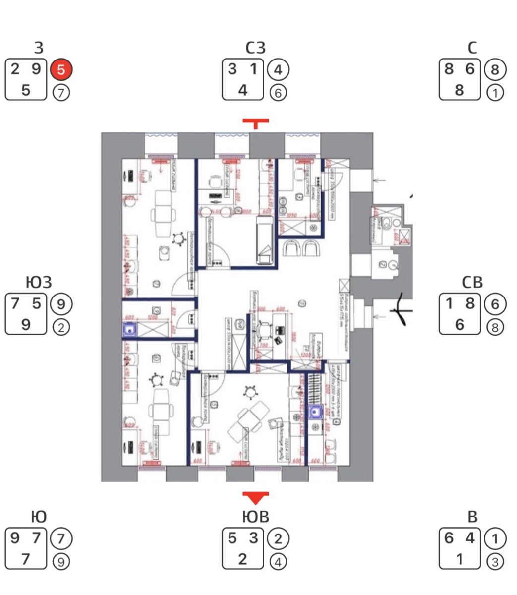 Схема распределения по квартире Летящих звезд Сюань Кун