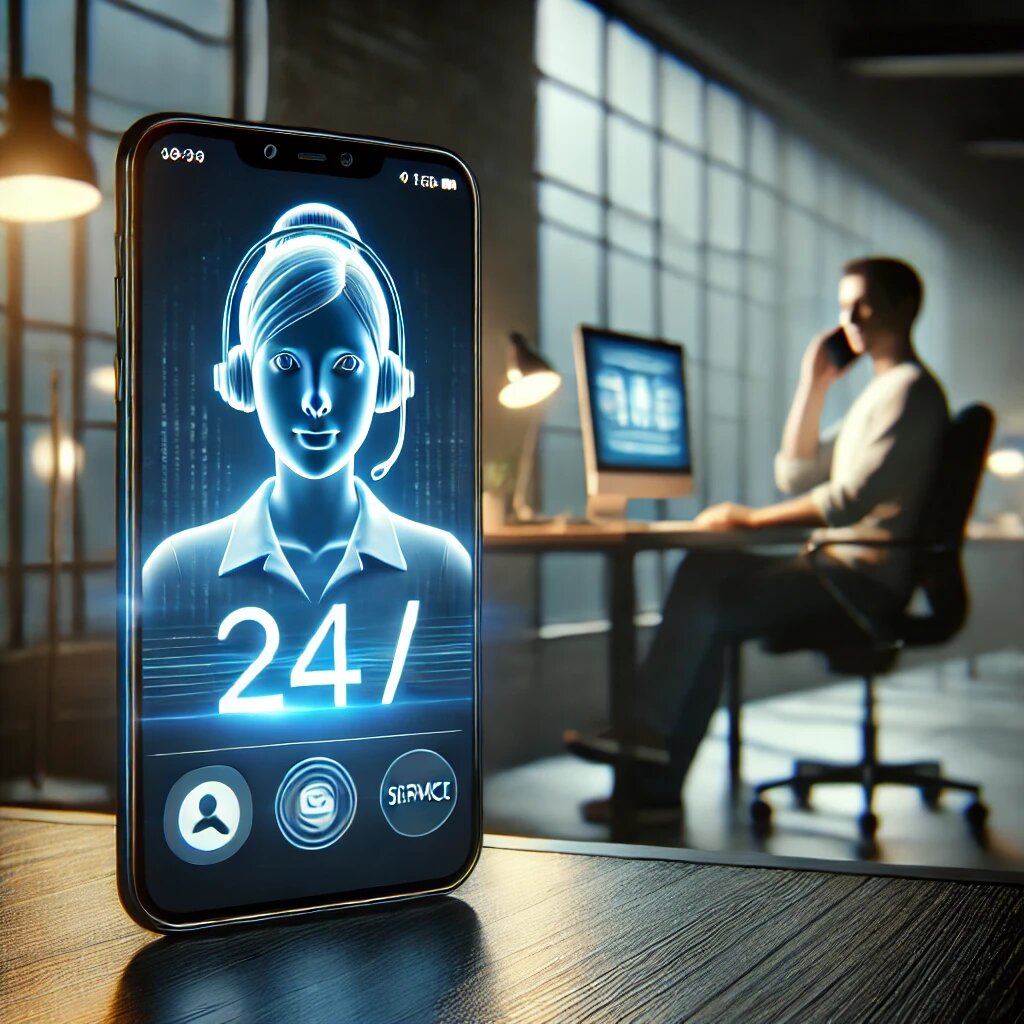 Виртуальный ассистент на экране смартфона, отвечающий на запрос клиента ночью.